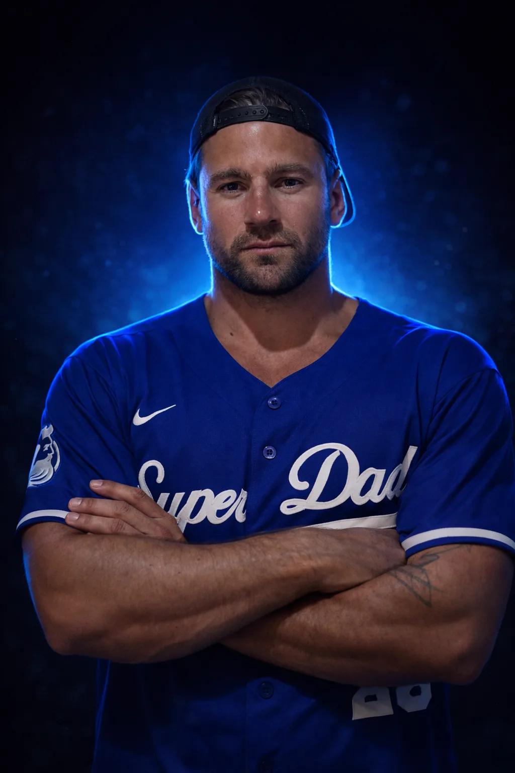 Fabien Loaëc, bras croisés, en maillot SuperDad.